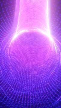 Bright purple wireframe portal with glowing mesh, digital network lines, and futuristic tunnel energy in a neon abstract scene.