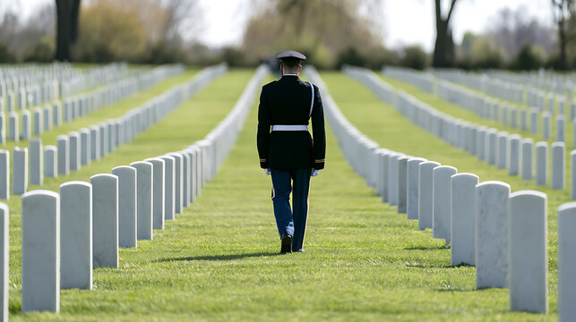 A solemn figure in uniform walks amongst rows of white headstones in a large, respectful memorial cemetery on a clear day