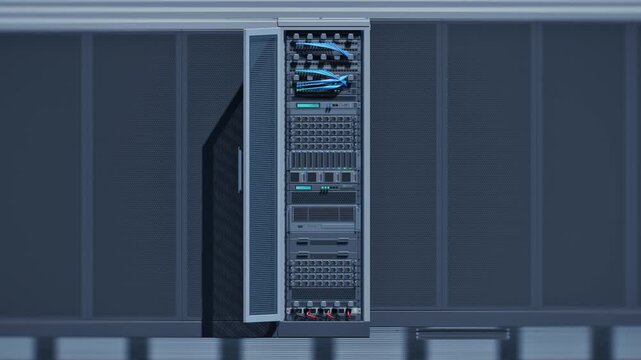 Static AI Server Rack in Data Center Corridor with Fiber Optic Cables