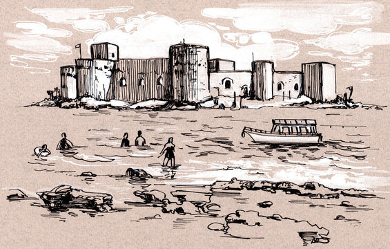 Hand-drawn ink illustration of Kızkalesi, the Maiden's Castle in Mersin, Turkey, viewed from the Mediterranean shore with swimmers, a boat, waves, and historic fortress walls