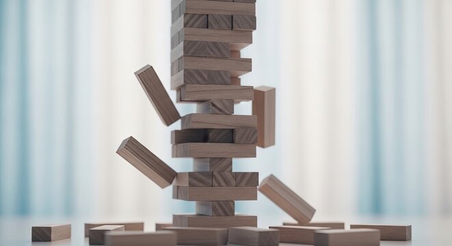 A precarious stack of wooden blocks falling over on a table representing risk and business strategy