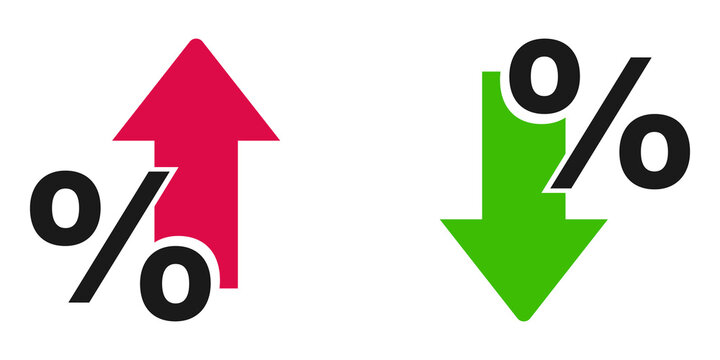 Percentage increase and decrease icons with red up and green down arrows for financial data analysis