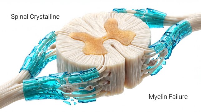 Nerve tissue myelin sheath damage and spinal cord crystallization microscopic view