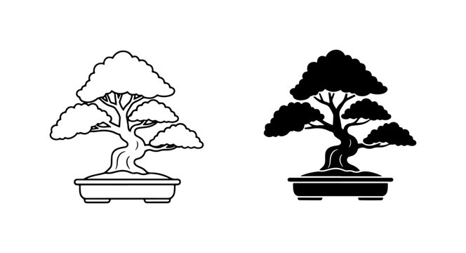 Bonsai Tree Vector Icons, Black and White Miniature Plant Art, Zen Garden Elements, Nature Symbol