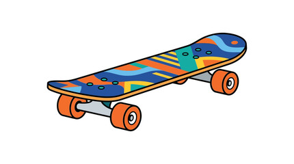 Colorful skateboard with orange wheels is depicted in a vector illustration © Msb Studio 