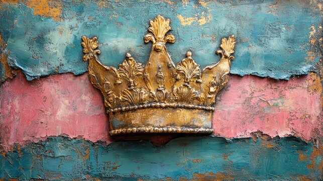 Ornate Golden Crown on Textured Distressed Art Background with Teal and Pink