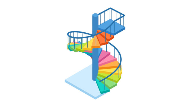 Isometric spiral staircase with colorful steps and blue railings is depicted