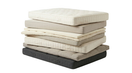 Fototapeta premium Stack of various mattresses and mattress toppers isolated on transparent background