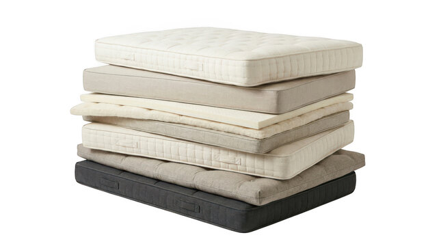 Stack of various mattresses and mattress toppers isolated on transparent background