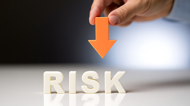 Human Hand Place Orange Down Arrow On White Letters Spell Risk To Illustrate Reduction Or Decrease Concept