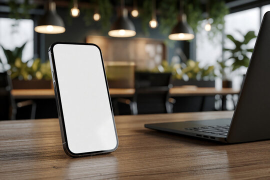 Smartphone with blank screen sits on wood desk near laptop. Blurred office background with plants and lights. Modern workspace for tech business, remote work.