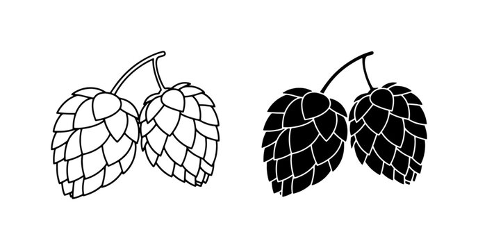 Hop Cones Vector Icons: Outline and Silhouette, Brewery Ingredient, Craft Beer Element