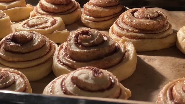 Delicious cinnamon rolls on a baking sheet growing and baking inside a hot oven in slow motion