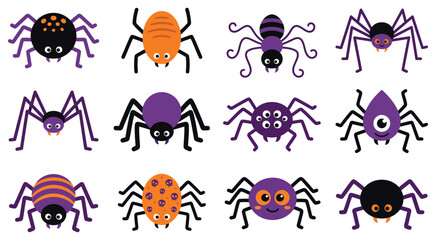 Fototapeta premium Set of cute cartoon spider icons for Halloween design elements and spooky vector graphics