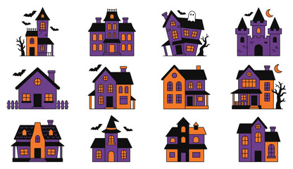 Naklejka premium Set of Halloween haunted house vector icons with spooky mansions and gothic architecture.