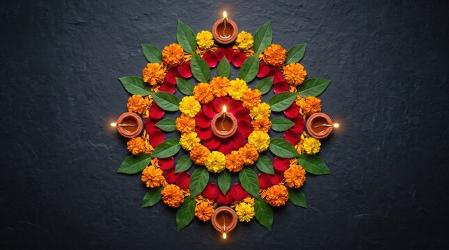 Diwali rangoli mandala with marigold flowers and rose petals arranged in a circular pattern around lit diya oil lamps on a dark stone textured