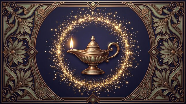 Aladdin magic lamp with glowing flame and golden sparkles surrounded by decorative ornate vintage frame for fantasy design background wallpaper art