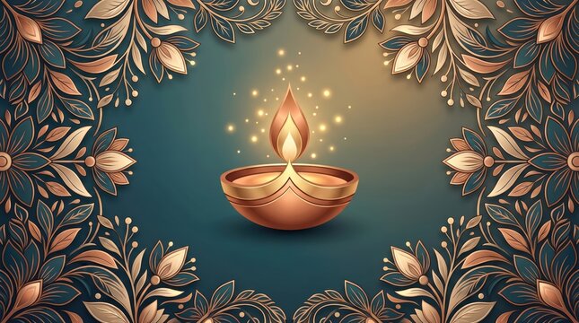 Diya oil lamp glowing with warm golden flame and sparkling lights surrounded by ornate traditional floral patterns for diwali festival celebrations