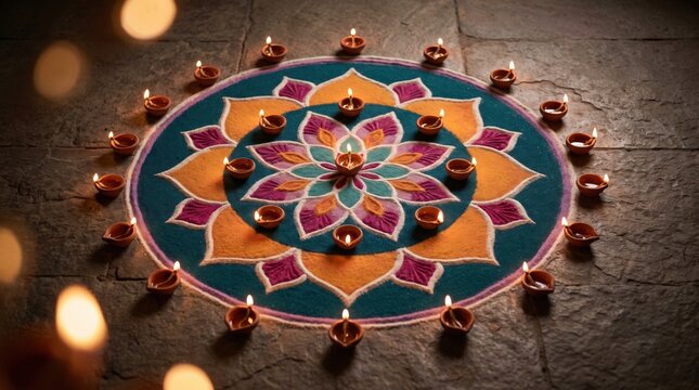 Diwali rangoli pattern with glowing oil lamps and colorful powder on stone floor for festival of lights celebration and traditional Indian cultural