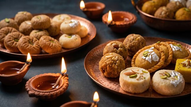 Traditional Indian sweets and lit diyas on copper plates arranged for Diwali celebration festival of lights copy space food photography for holiday s