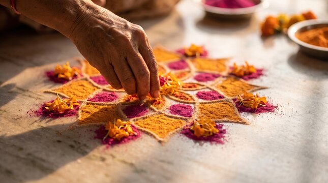 Traditional Indian rangoli floor art creation with marigold flowers and colored powders for celebration and festive decoration, showing cultural