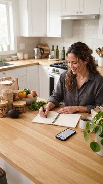 A smiling woman in a kitchen is jotting down notes in a notebook while surrounded by fresh produce, illustrating a healthy lifestyle and meal planning.