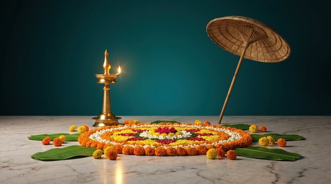 Onam Pookalam floral carpet with a traditional brass oil lamp and an umbrella on a marble floor for Onam festival celebration commercial design