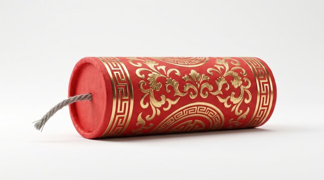 Red dynamite stick with golden classical patterns and a fuse for Chinese New Year celebration, festive holiday advertising graphic and design element