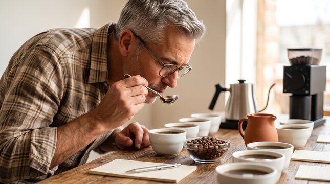 Experienced coffee professional smelling multiple cups during a focused specialty coffee cupping and quality evaluation