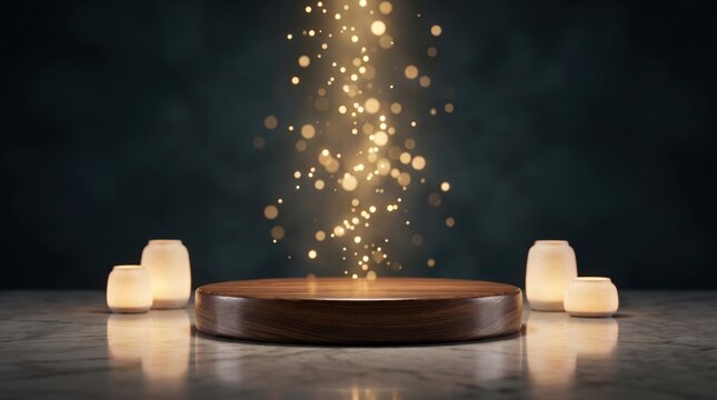Wooden product display podium with glowing lights and candles for commercial advertising showcase presentation and marketing layout design background