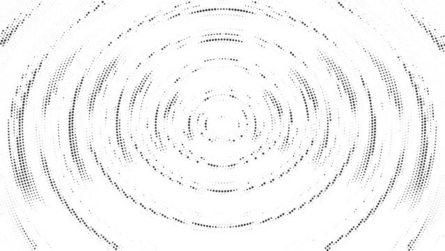 Black halftone circular wave pattern with concentric dotted rings on white for modern abstract technology background