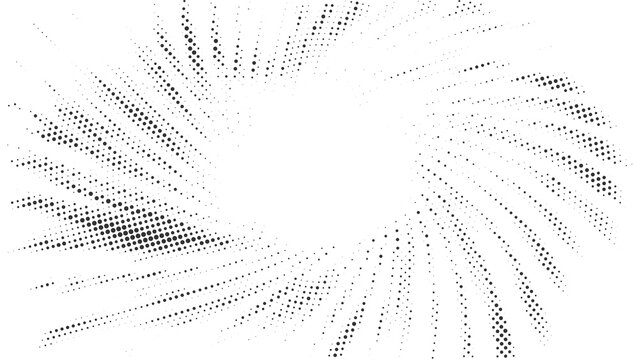 Black halftone flowing wave with radial dotted particles and curved motion lines on white for futuristic abstract background