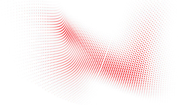 Red halftone flowing wave with curved dotted lines and fading particles on white for modern abstract digital background