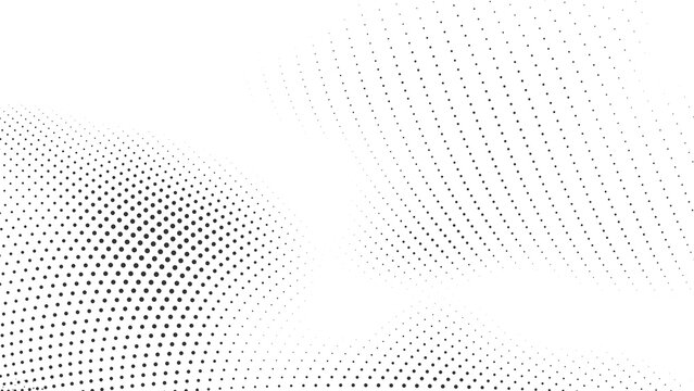 Black halftone dotted wave with soft curved contours and fading particle density on white modern abstract background