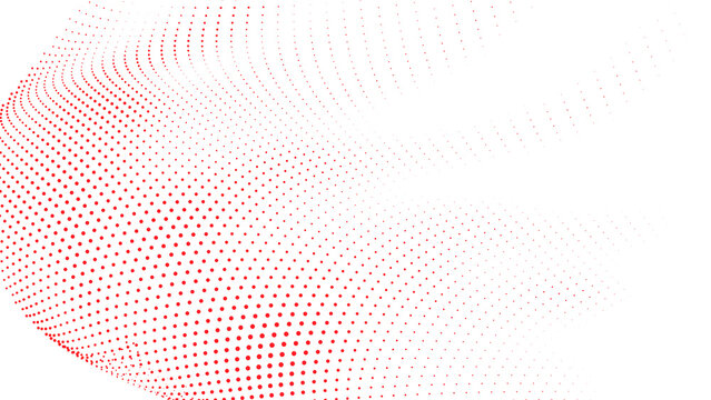 Red halftone dotted surface with smooth curved perspective waves and fading particles on white abstract background