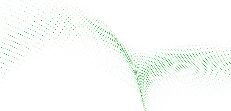Green halftone flowing wave with fading dotted particles and curved perspective lines on white abstract background