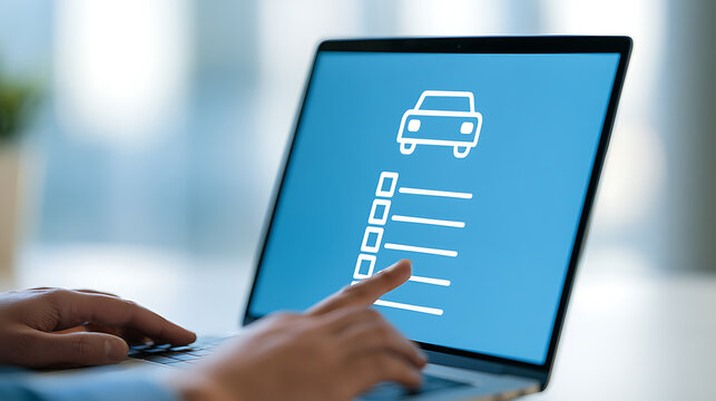 Person interact computer for vehicle service checklist, digital car maintenance, auto inspection, or purchase research
