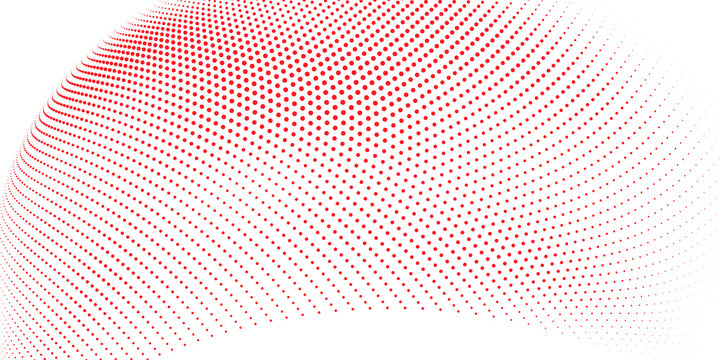 Red halftone perspective wave with dense dotted lines and flowing curves on white for modern abstract background design
