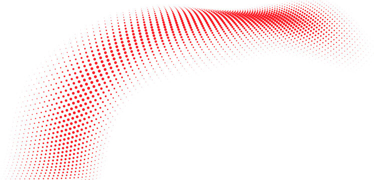 Red halftone curved wave with dense dotted particles and smooth fading edges on white modern abstract technology background