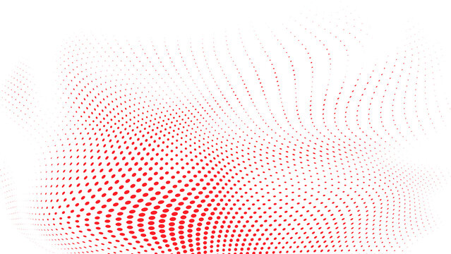 Red halftone dotted surface with smooth flowing curves and fading particles on white for abstract futuristic background