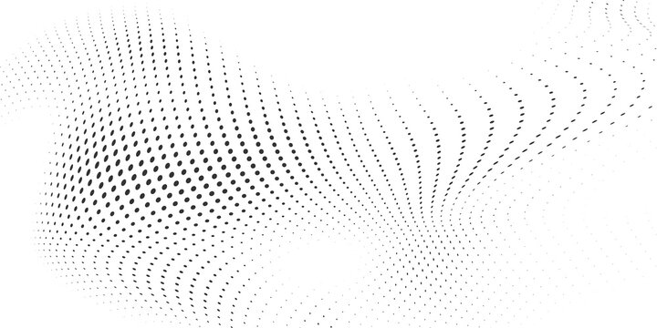 Black halftone dotted wave with organic curves and fading particle patterns on white for modern abstract technology design