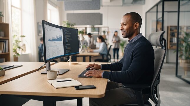 A determined Black man meticulously works on his computer in a modern, sunlit office, surrounded by blurred colleagues and lush greenery, symbolizing productivity and innovation.