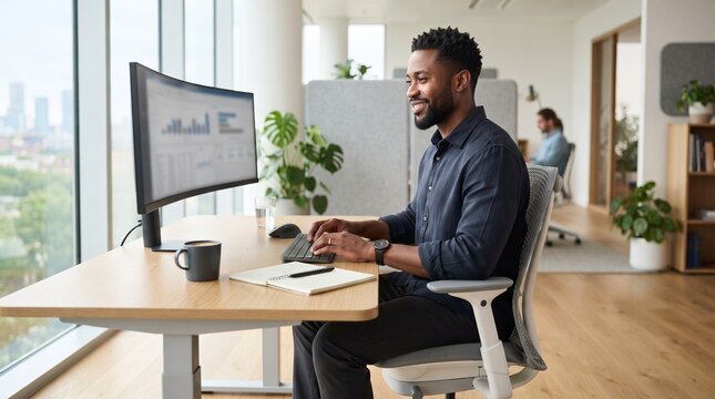 A smiling man of color works diligently at his computer in a modern, well-lit office, with large windows showcasing a city skyline and a glimpse of a colleague in the background.