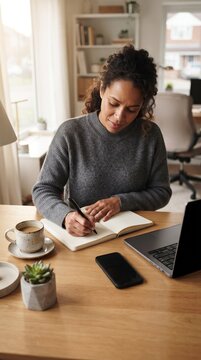 A woman working from home diligently writes in a notebook at her wooden desk, a laptop, smartphone, and coffee cup within reach.