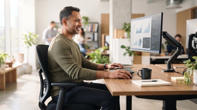 A focused businessman smiles while working on his computer in a bright, modern office setting, with colleagues in the background and plants adding a touch of nature.