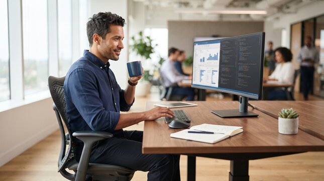 A smiling man in a blue shirt works on his computer in a modern, bright office, holding a cup of coffee. He is surrounded by other colleagues, but his focus is on his screen.