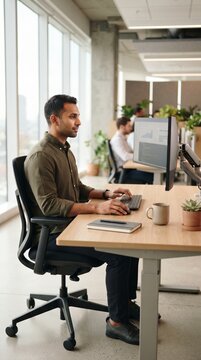 A professional man in an office setting concentrates on his computer, embodying modern workplace efficiency and productivity.