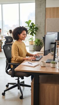 A smiling woman with curly hair sits at a modern office desk, typing on a computer. She is in a well-lit workspace with plants and other employees blurred in the background.