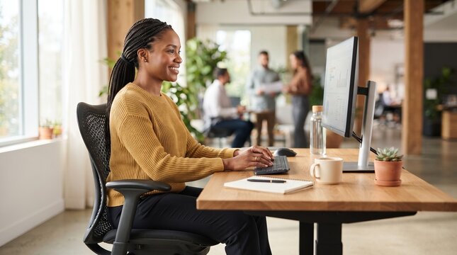 A woman of color works on her computer at her office desk, smiling warmly. Behind her, other colleagues are conversing and working.