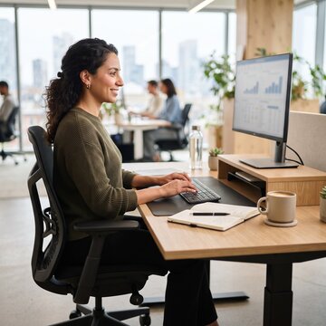 A professional woman works diligently at her desk in a modern, bright office environment, looking at data on her computer screen and typing, embodying focus and productivity in a corporate setting.